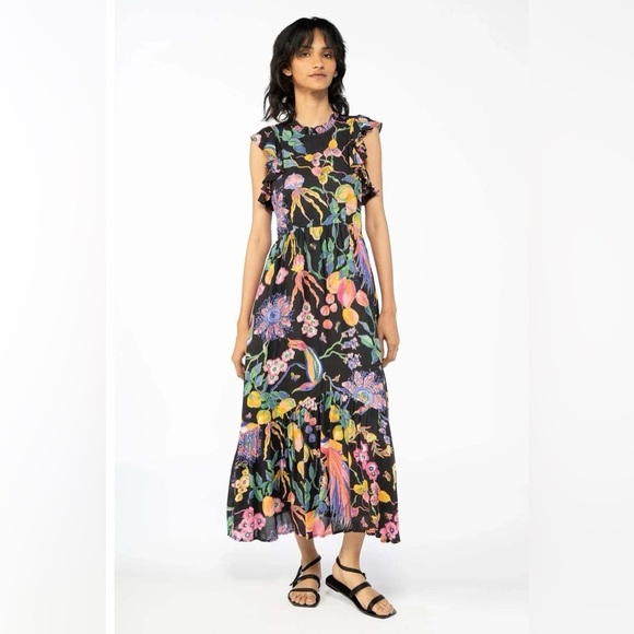 Banjanan Hannah Dress Large Eden Garden Black Print Viscose Maxi $400 - Picture 2 of 12